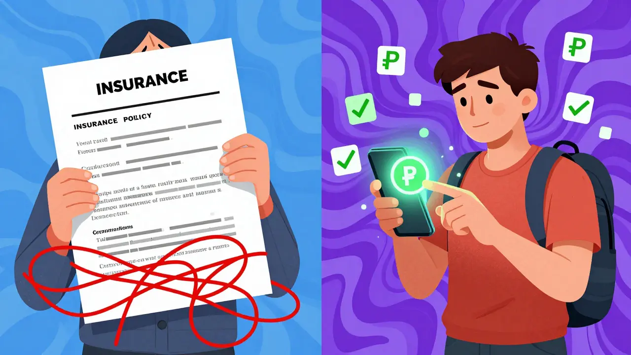 Сравнение старой бумажной страховки и гибкой цифровой подписки в психоделическом стиле с разделяющей волной.