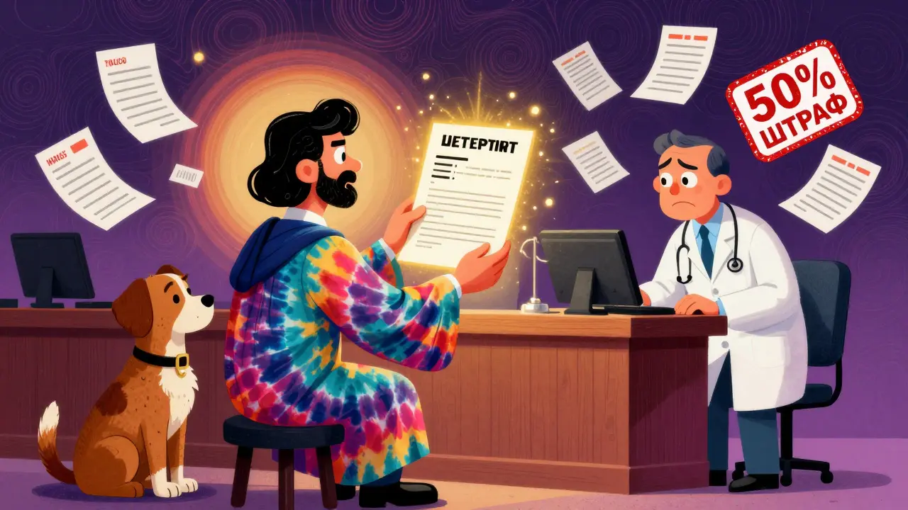 Судебный процесс с питомцами, судьёй и документом о независимой экспертизе, окружённым штампами и счётами.