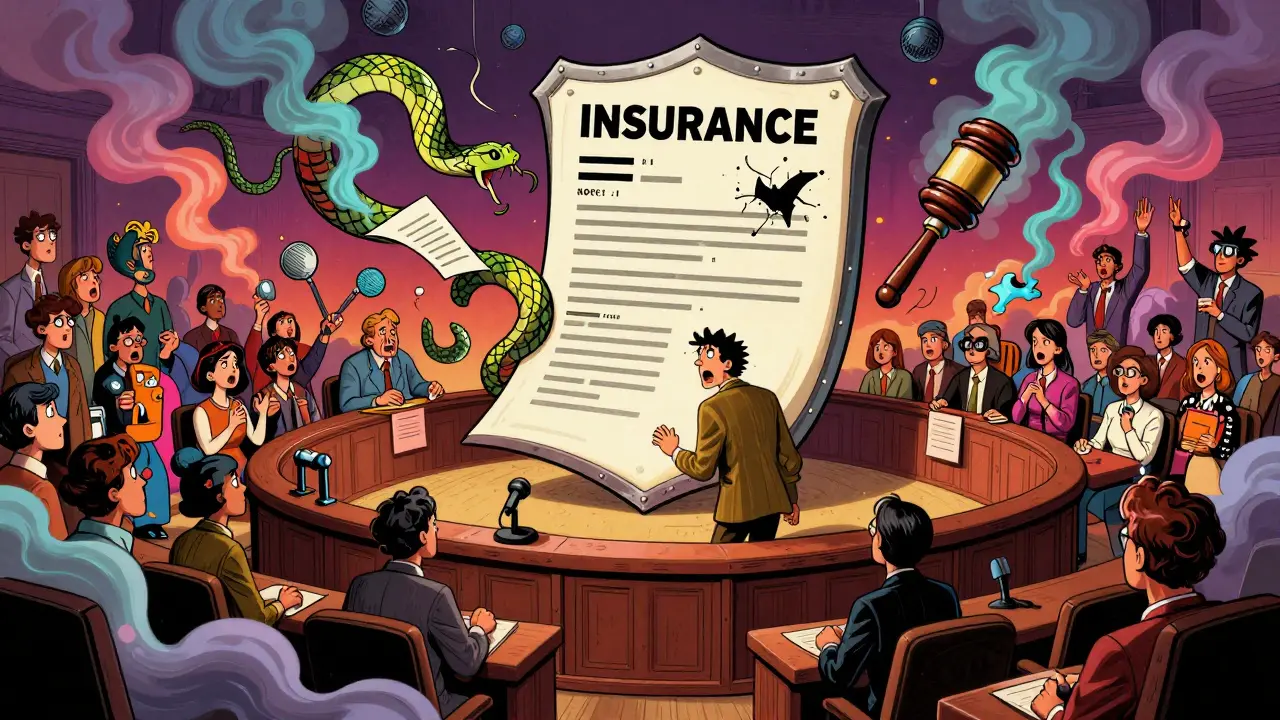 Судебный процесс с полисом страхования в виде щита в стиле Вес Вильсона