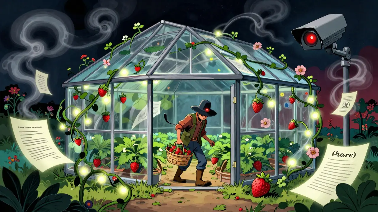 В теплице вор уносит клубнику, а камера наблюдает за происходящим в психоделической атмосфере.