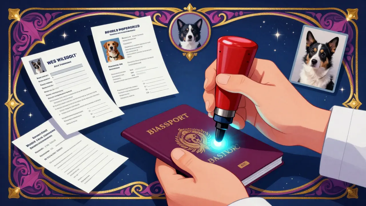 Ветеринар ставит печать в паспорт питомца, вокруг — документы и фотографии в психоделическом стиле.