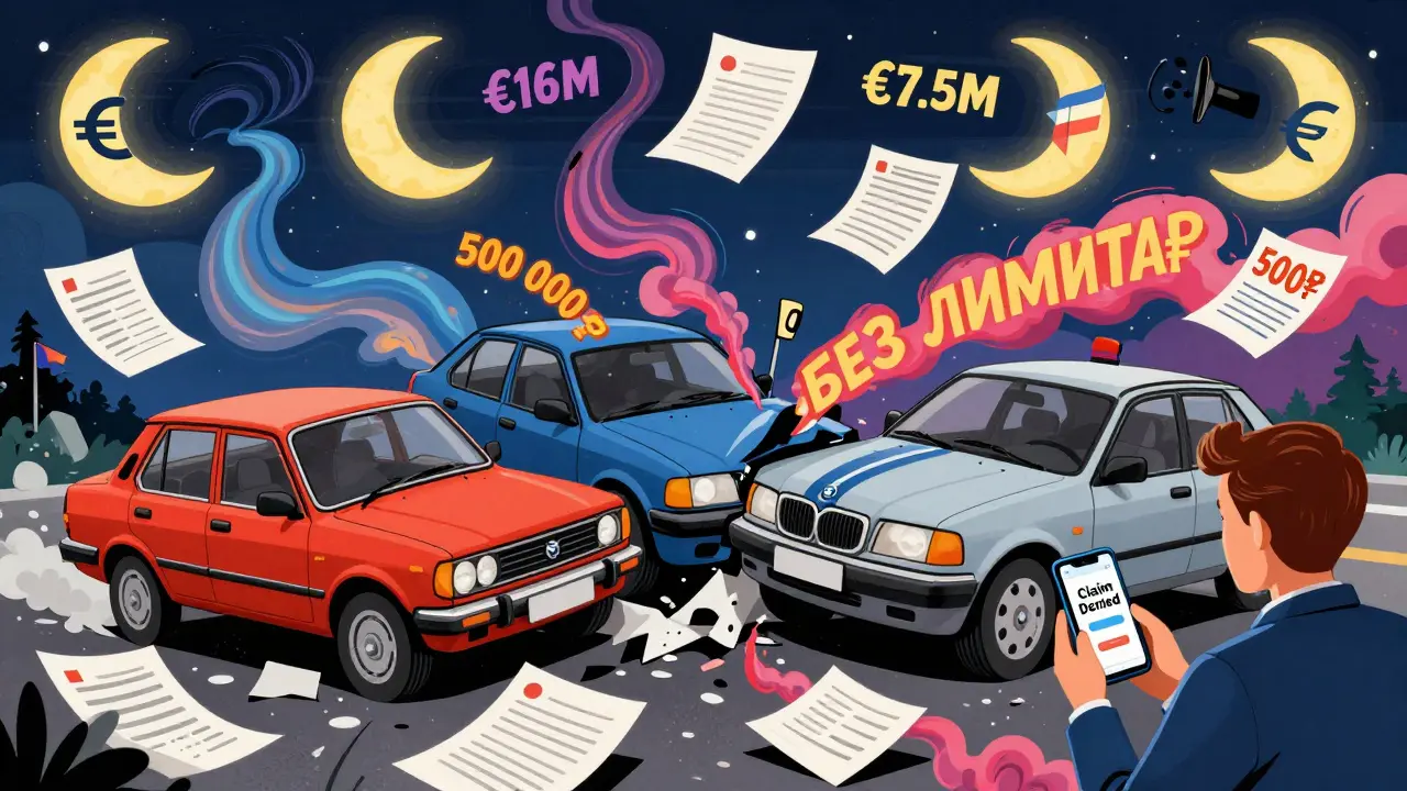Авария в Европе с плавающими суммами возмещения и надписью 'Claim Denied' на телефоне водителя.