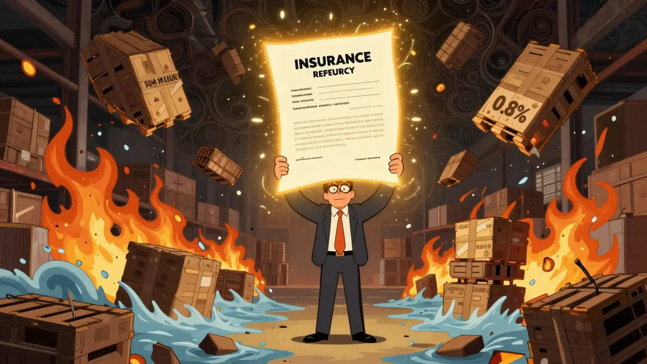 Бизнесмен держит страховой полис, который защищает склад от бедствий — хаос вокруг, но внутри — спокойствие, стиль Веса Уилсона.