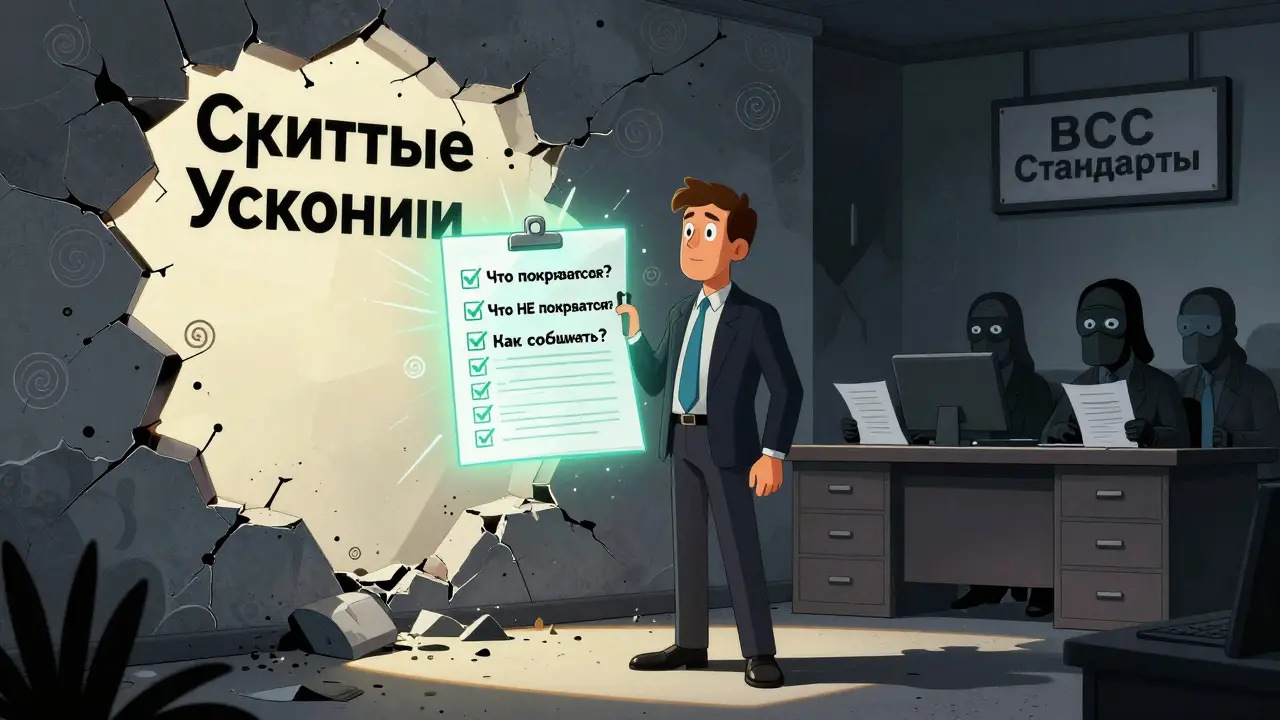 Человек разрушает стену скрытых условий страхования, держа в руке список из семи ключевых пунктов для проверки.