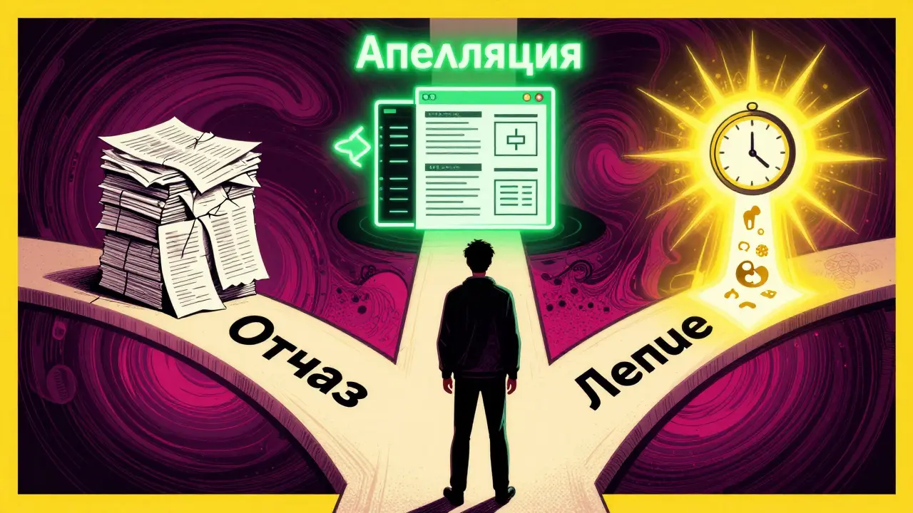 Человек стоит на перекрёстке трёх путей: отказ, апелляция и лечение, изображённых в яркой психоделической иллюстрации.
