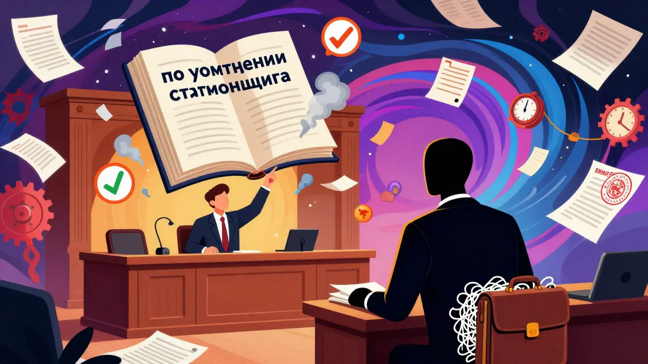 Человек в суде против теневого страховщика, над которым парит документ с текстом 'по усмотрению страховщика', который исчезает в дыму.