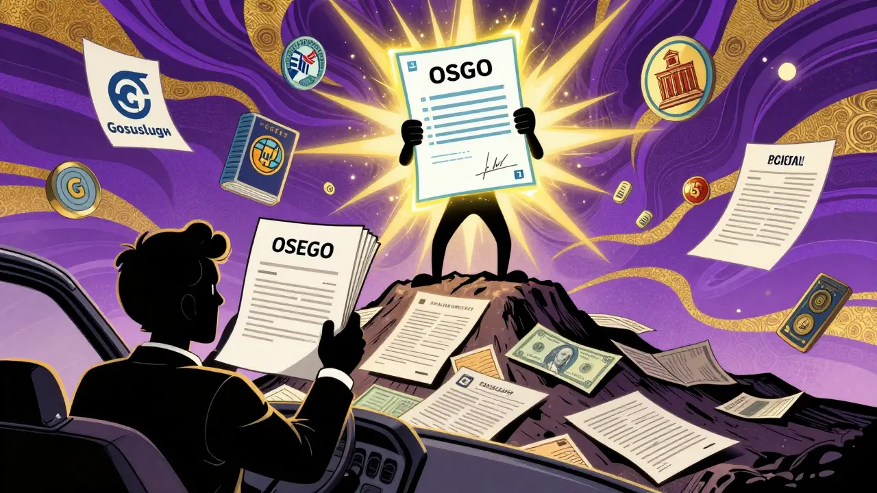 Цифровой полис ОСАГО побеждает бумажные документы, на фоне символов закона и Банка России.