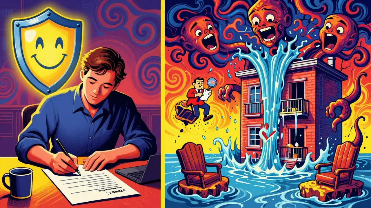 Два сценария: спокойная покупка страховки и хаотичный потоп в соседней квартире, нарисованные в ярком психеделическом стиле Вес Вильсона.