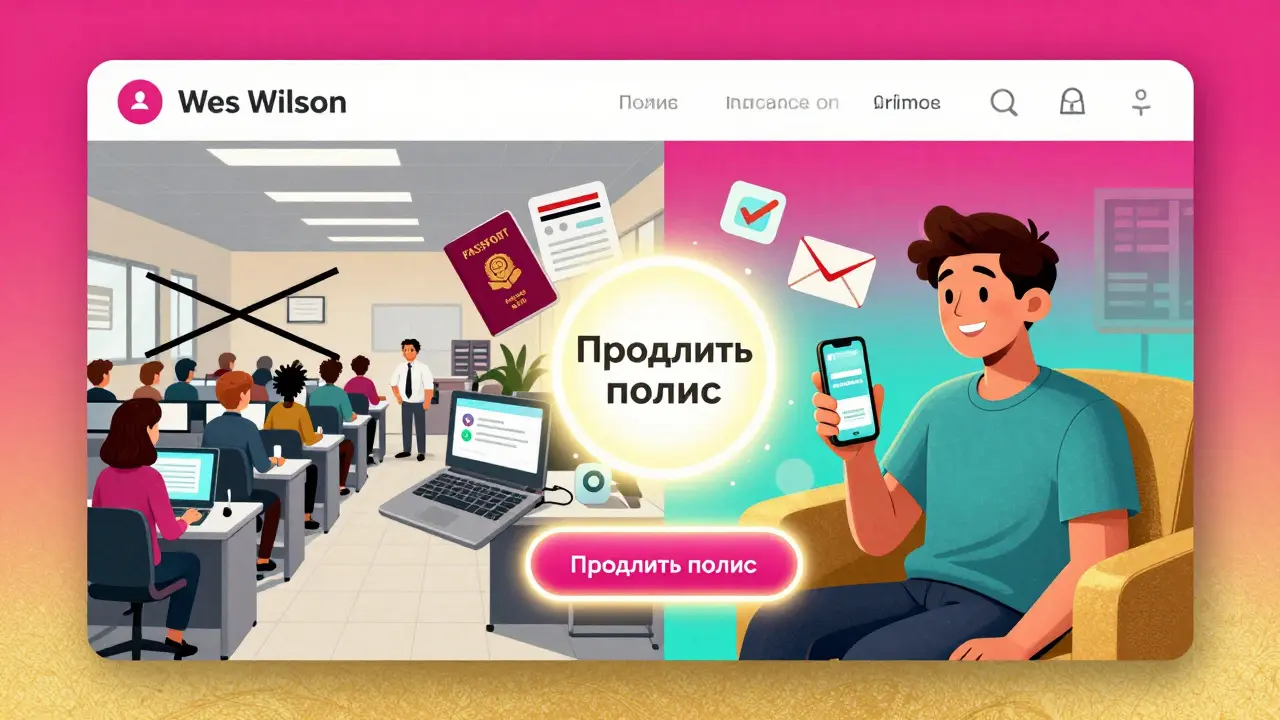 Экран онлайн-продления страховки с иконками документов, рядом — сравнение оживленного офиса и спокойного дома