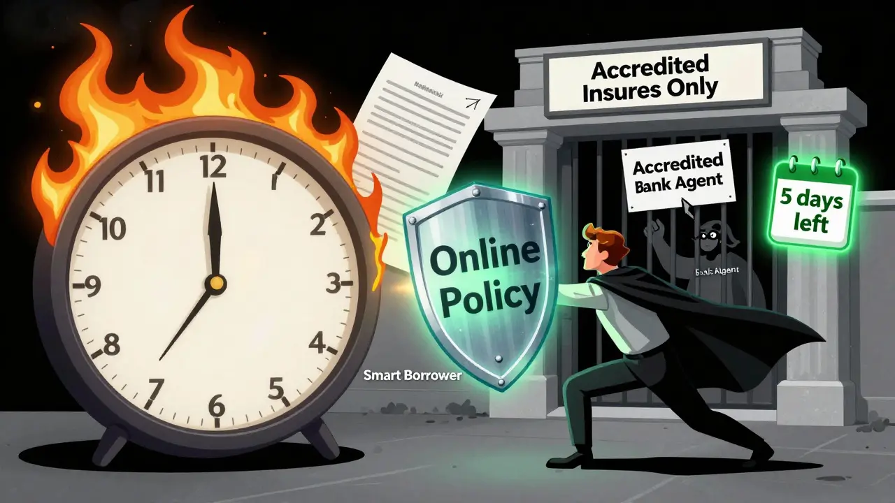 Герой спасает ипотеку от сгорания, бросая онлайн-полис в банк.