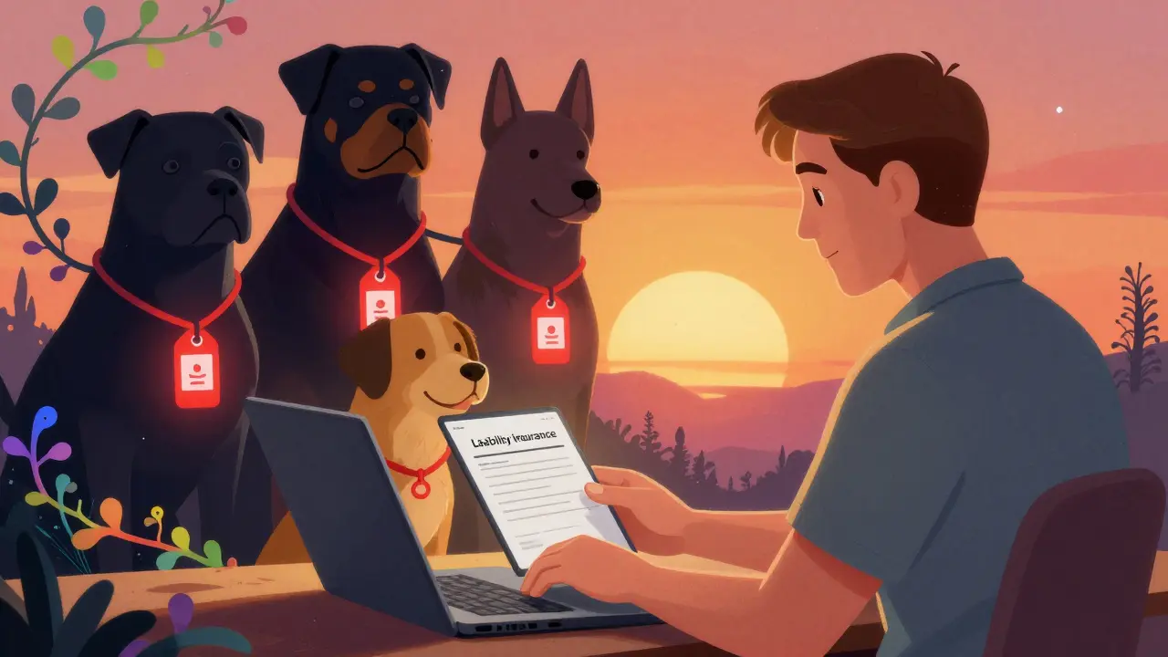 Хозяин покупает страховку для спокойной собаки, вокруг — тени опасных пород в защитных метках.