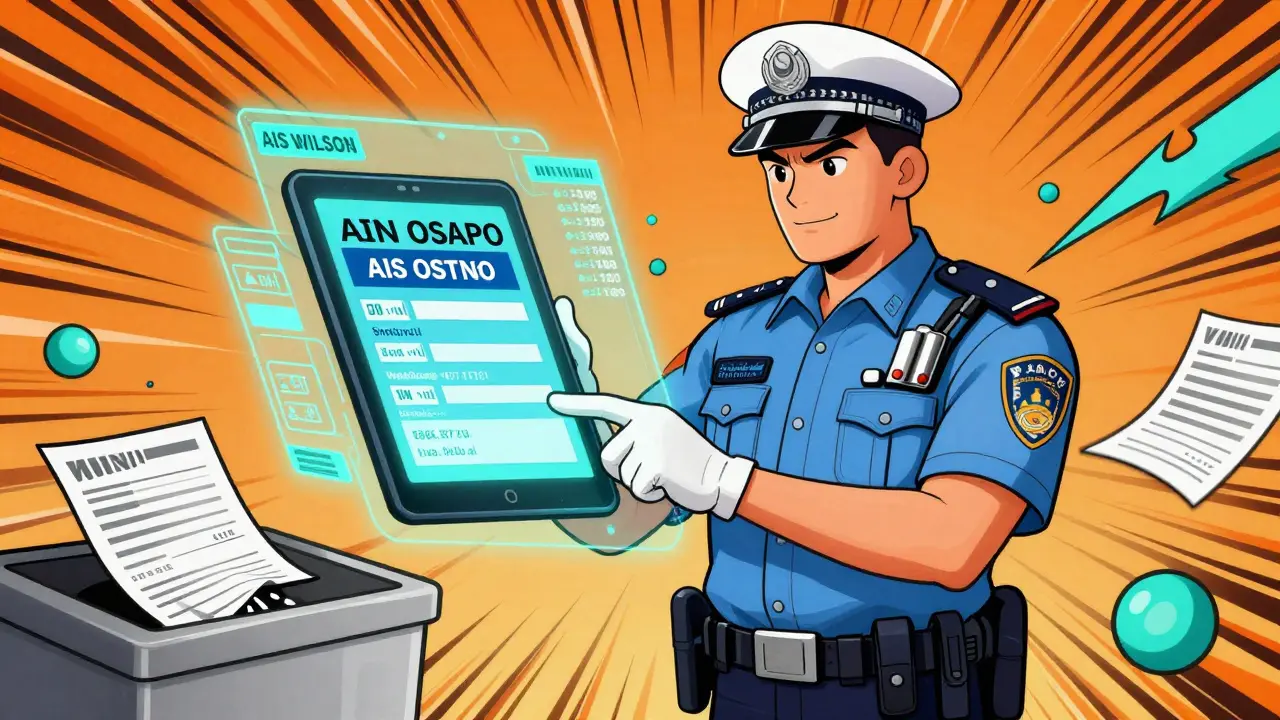 Инспектор ГИБДД проверяет электронный полис через планшет, данные отображаются в виде голографических потоков.