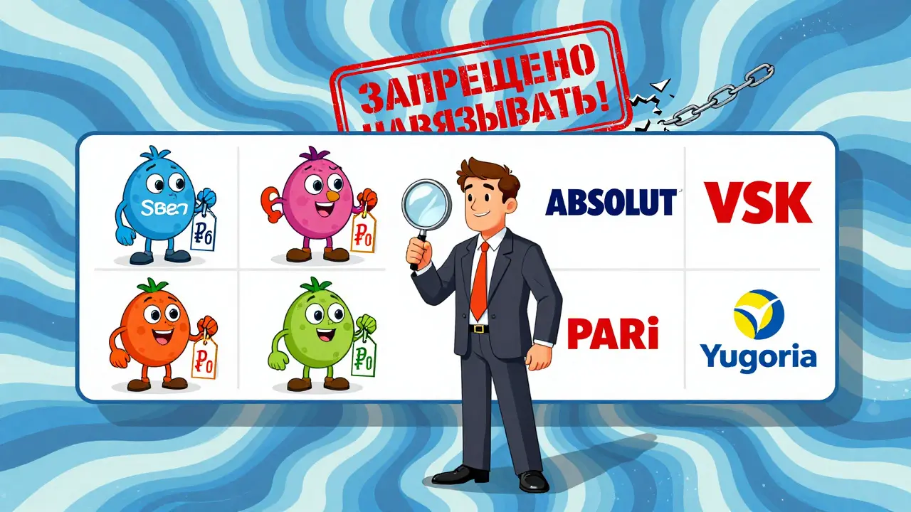 Картонные персонажи страховых компаний с ценниками, мужчина выбирает самый дешевый вариант, над ними — запрещающий штамп