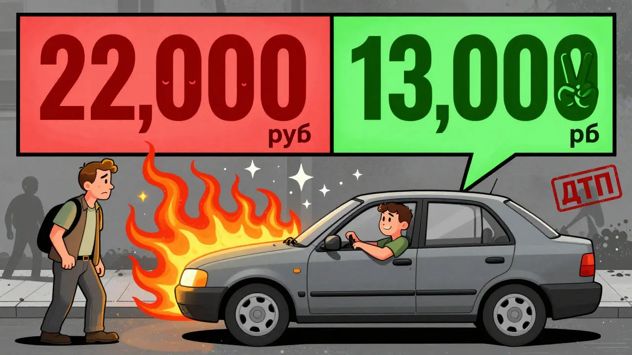 Молодой водитель за рулем, рядом — сравнение цен страховки, один вариант дешевле, с психоделическим фоном.