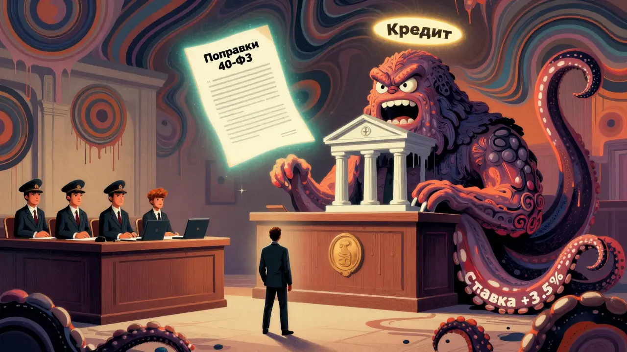 Потребитель против банка-монстра, над головой — закон о КАСКО, стиль психоделического плаката 60-х.