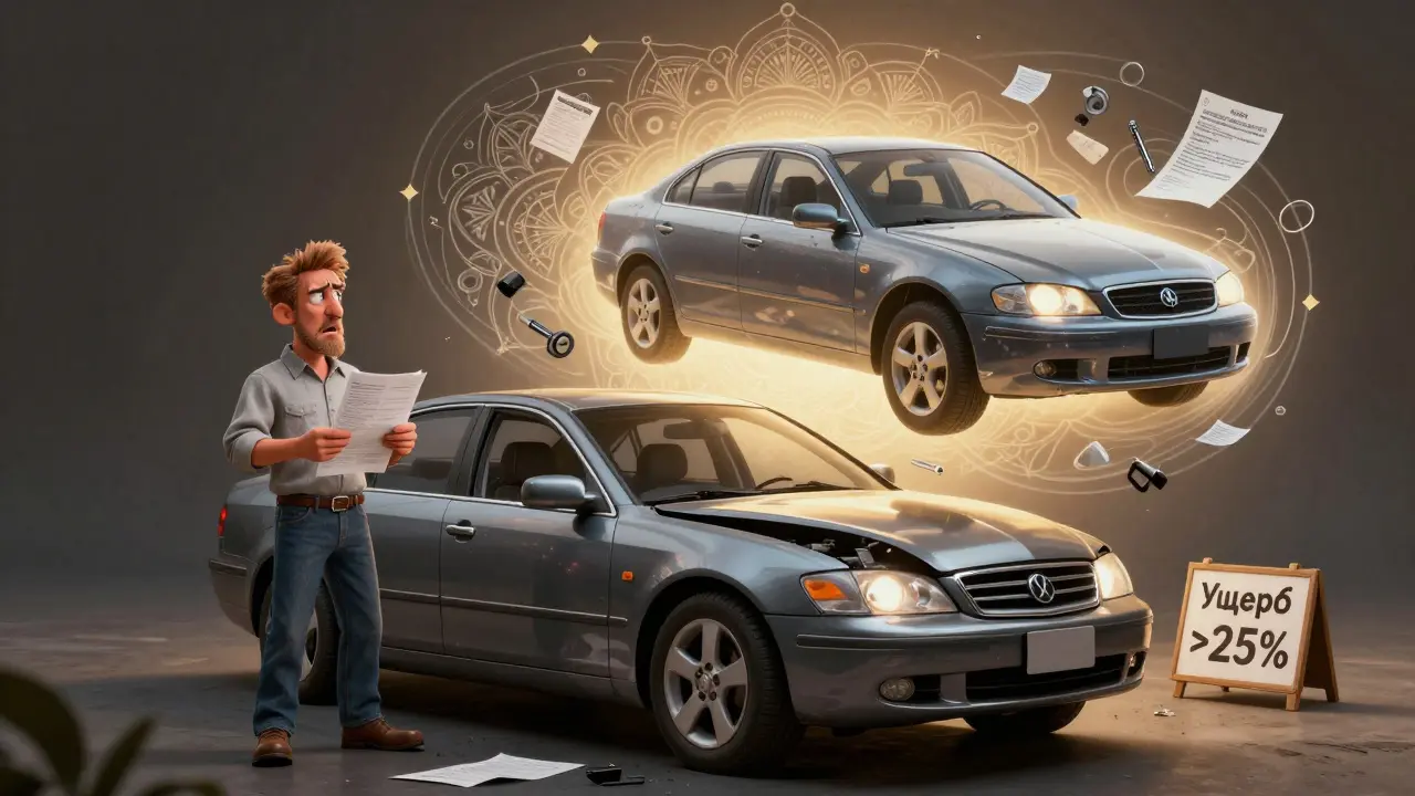 Поврежденный автомобиль и подменный в иллюстрации в стиле Вес Вильсона, с эффектом миража.