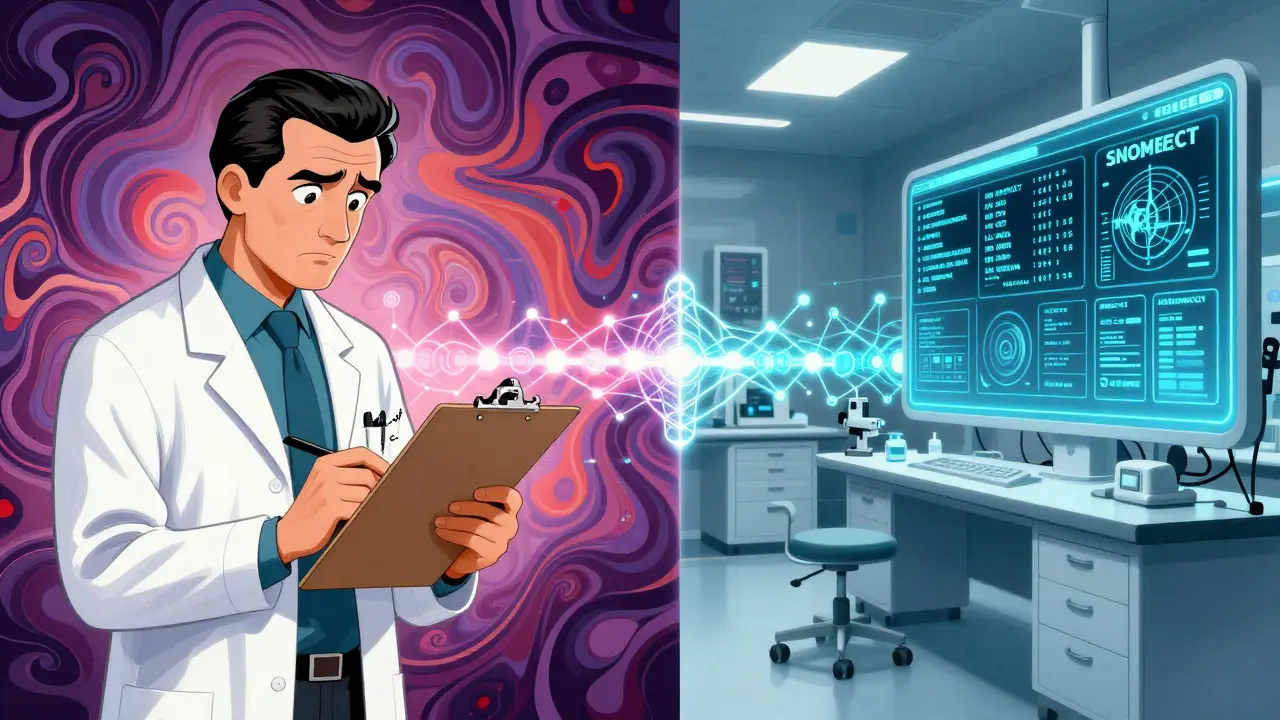 Разделённая сцена: российский врач и международная лаборатория, соединённые потоками данных в психоделическом стиле.