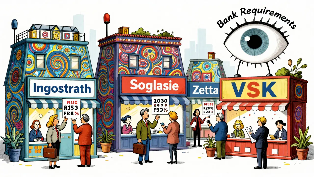 Рынок страховых компаний в психоделическом стиле с ценами и банком над всеми.