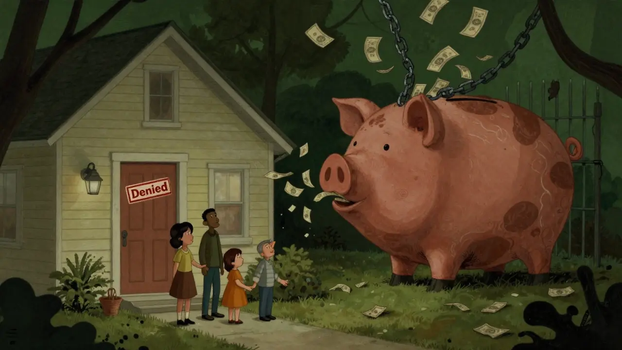 Семья перед домом с печатью 'Отказано', за ними — страховая копилка, превращающая деньги в цепи и решётки.