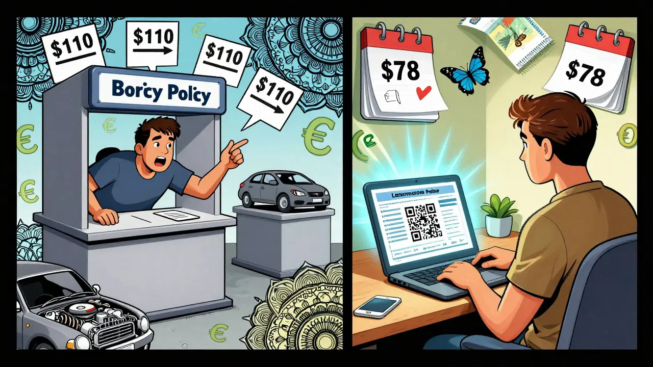 Сравнение дорогой покупки на границе и дешёвой онлайн-покупки зелёной карты в психоделическом стиле.