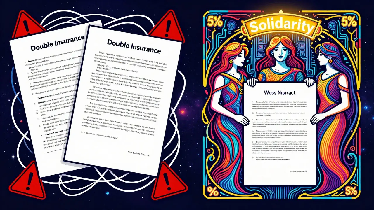 Сравнение: хаос двойного страхования и упорядоченное сострахование с символом солидарности.