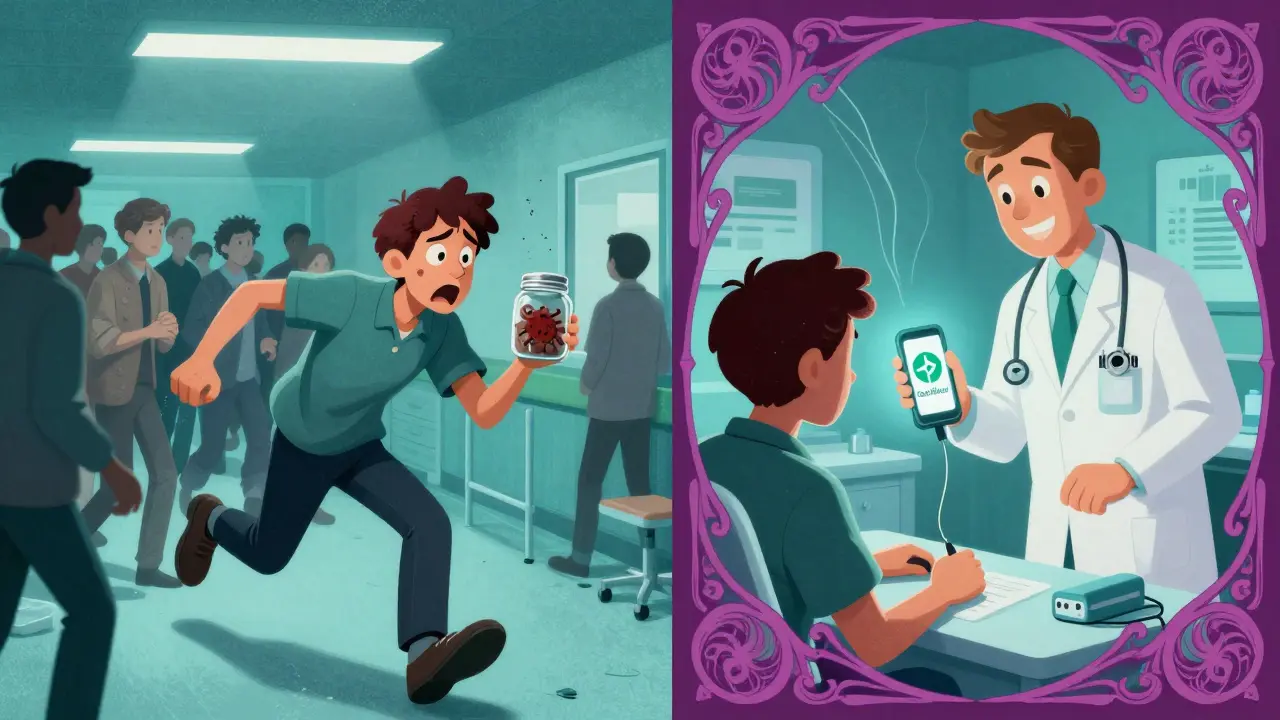 Сравнение: хаотичная больница слева, быстрая помощь справа, с логотипом страховой компании и волнистыми узорами.