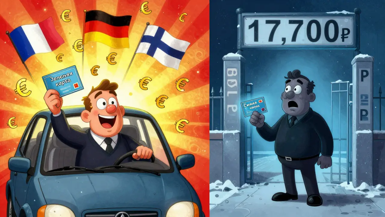 Сравнение зеленой и синей карты: один водитель в золотом свете, другой у границы с огромной ценой.