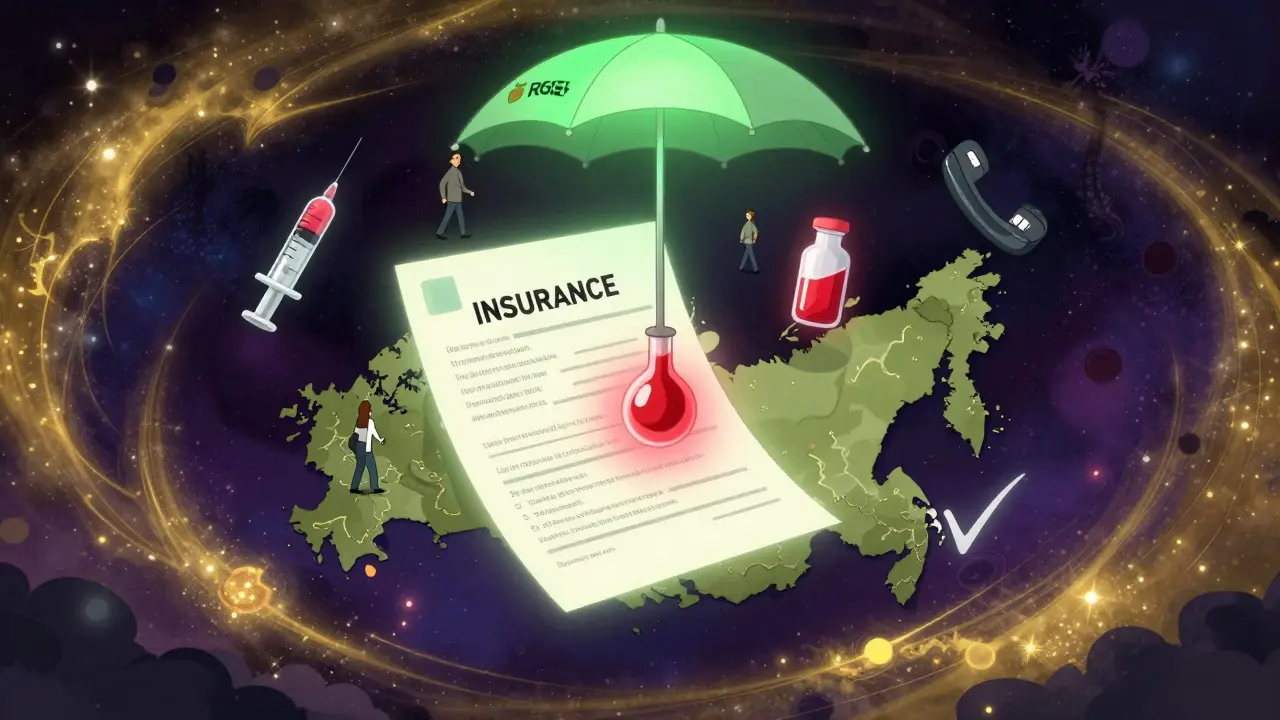 Страховой полис над картой России, вокруг — символы лечения и клещей, в психоделическом свете, Тюмень выделена красным.