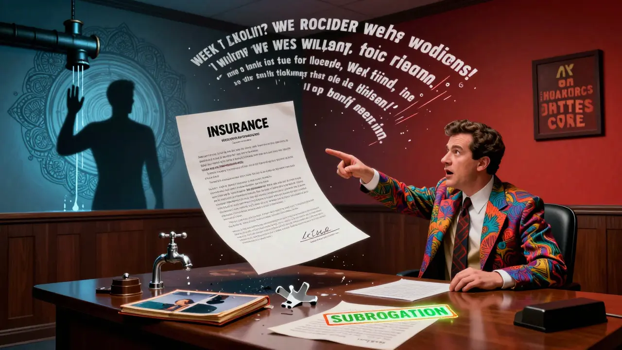 Судебное заседание с плавающим документом страхования и обвиняемым соседом с протекающей трубой в стиле Вес Вильсона.