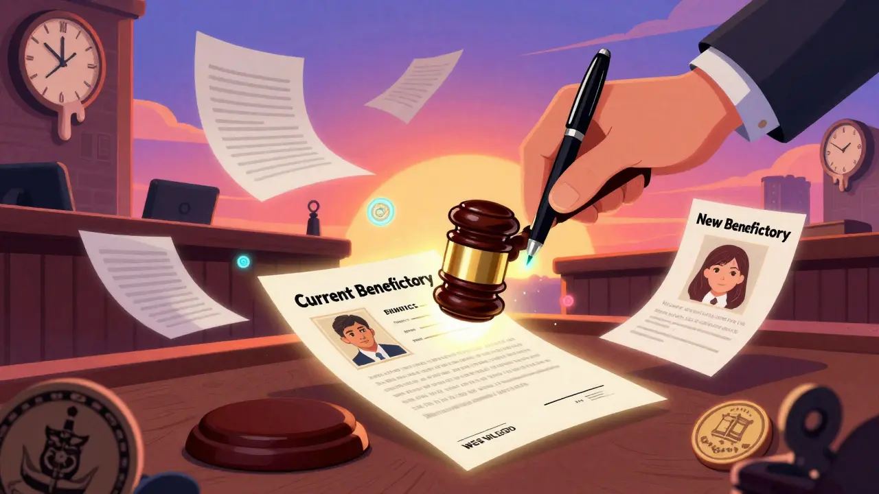 Судебный спор вокруг смены выгодоприобретателя в страховании жизни, символизированный падающими документами.