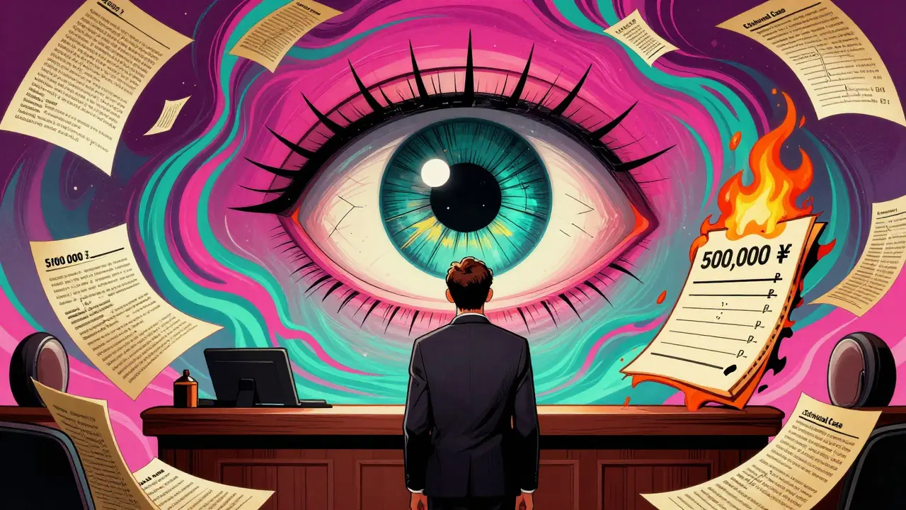 Судебный зал с гигантским ИИ-глазом, анализирующим повреждения, вокруг — горящие цифры и документы.