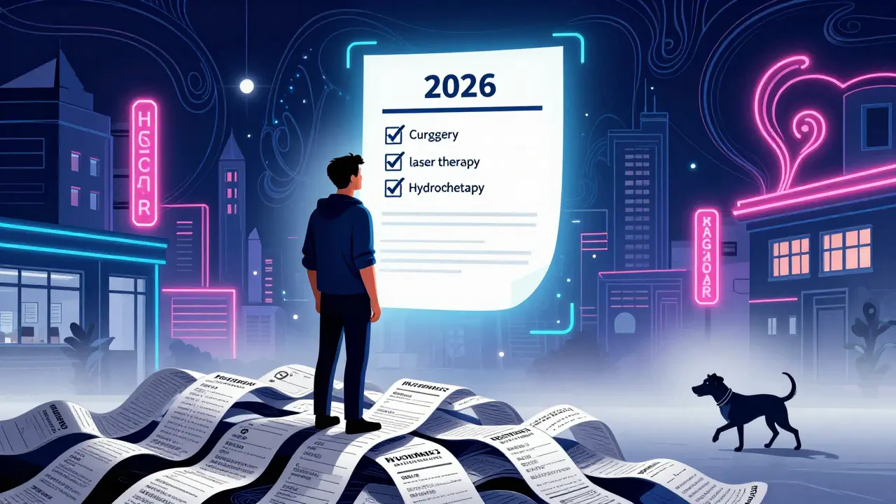 Владелец смотрит на полис, где покрыты операции, но не физиотерапия, а собака уходит с хромотой в туман.