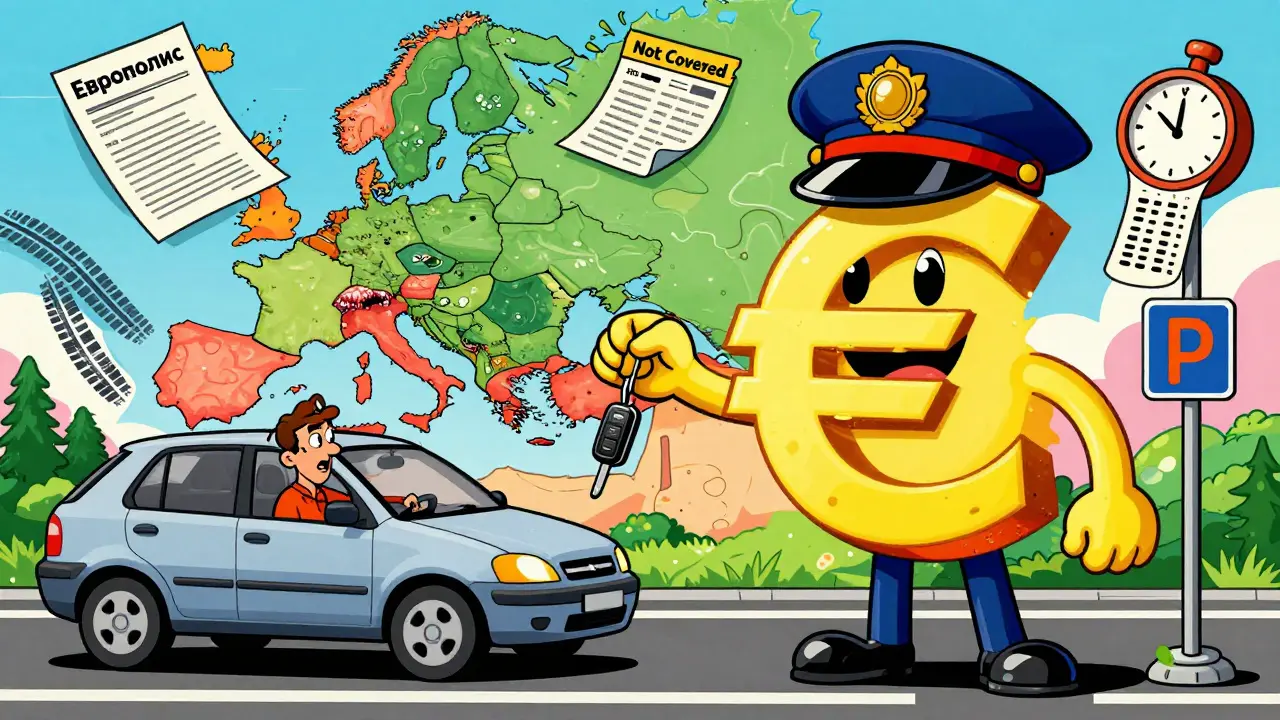 Водитель на границе передаёт ключ гигантскому символу евро, за ним — разваливающаяся карта Европы.