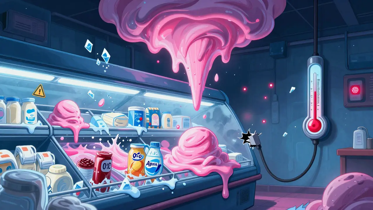 Замороженные продукты тают в темном складе, отключено электричество, яркие неоновые цвета и абстрактные узоры в стиле Веса Уилсона.