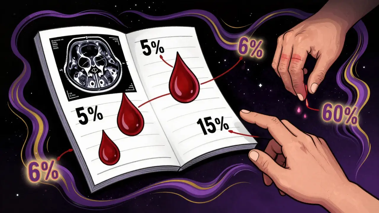 Абстрактная медицинская диаграмма с МРТ, каплями крови и пальцами, каждая часть светится процентом выплат, в психоделическом стиле.