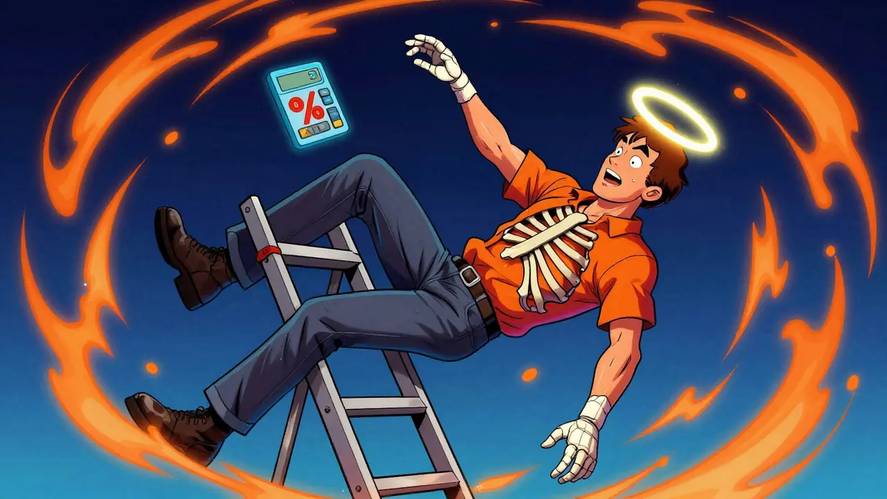 Человек падает с лестницы, над ним — светящиеся проценты выплат за перелом ребра и запястья, в стиле психоделического плаката.