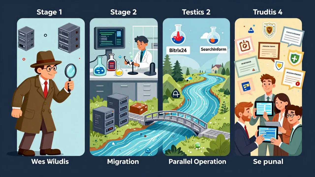 Четыре этапа перехода на отечественное ПО: аудит, тестирование, миграция и обучение, изображены как сюрреалистичная визуальная история.