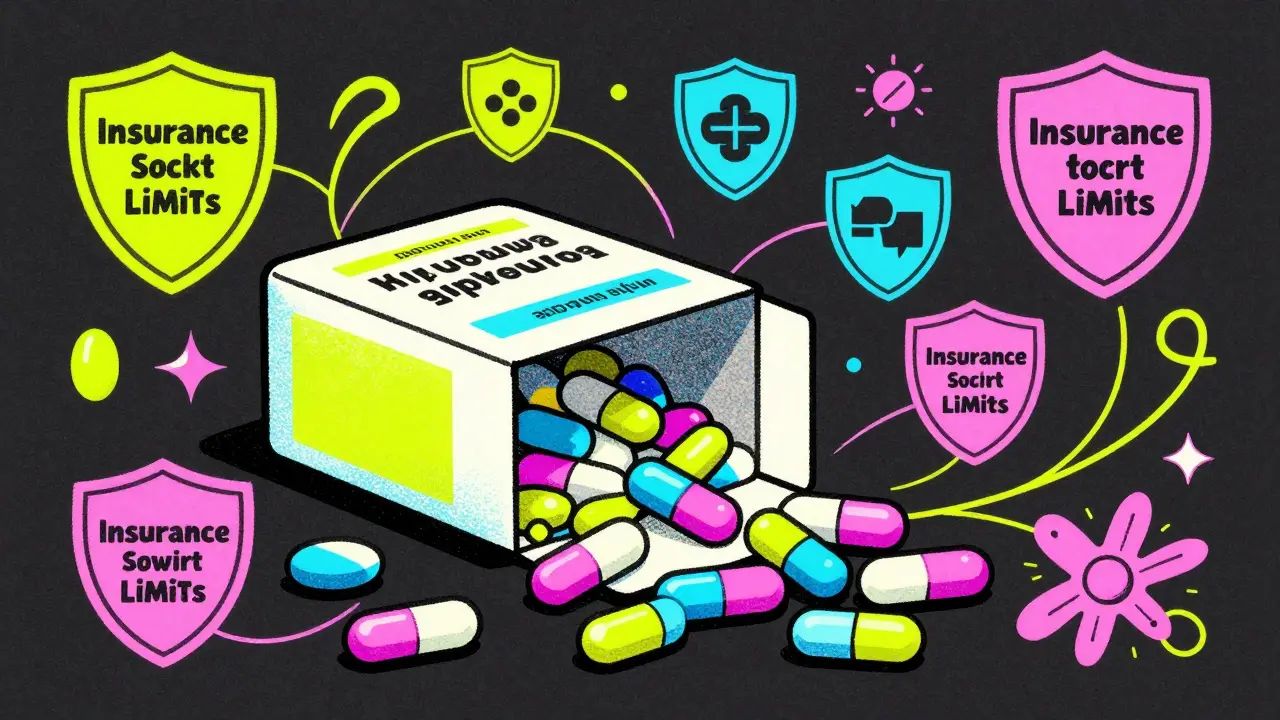 Цветные таблетки в коробке рядом со знаком защиты от расходов.