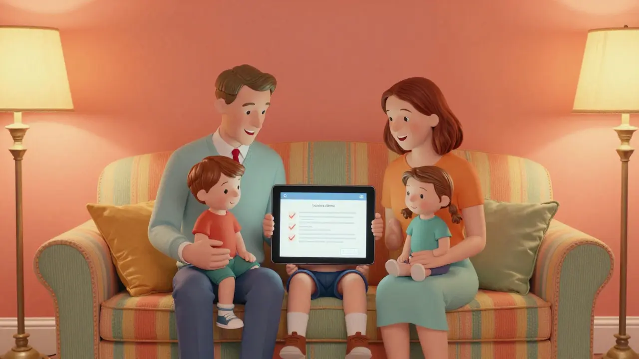 Довольная семья проверяет полис на планшете дома