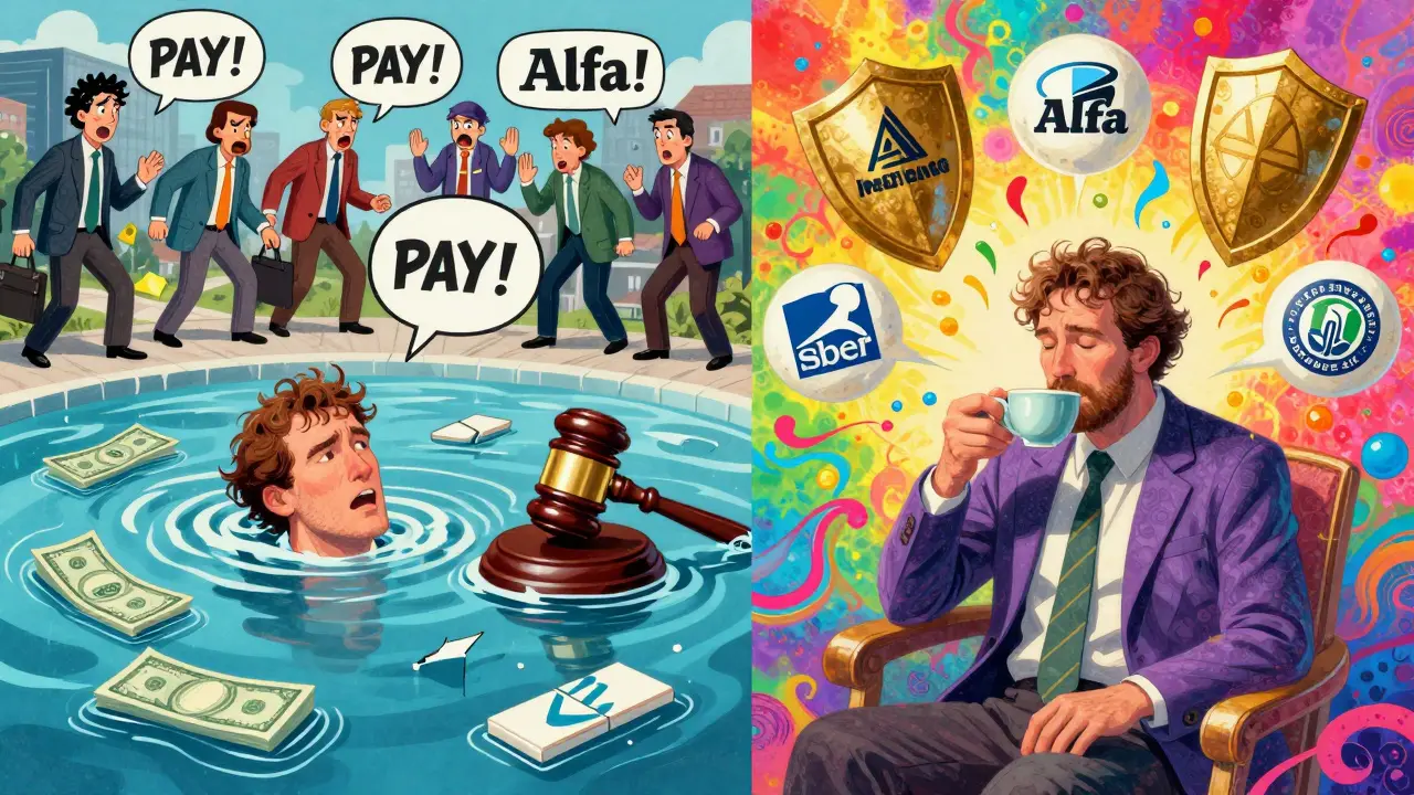 Два мира: один — долг и конфликт, другой — спокойствие и защита от страховки, яркие психоделические цвета и формы.