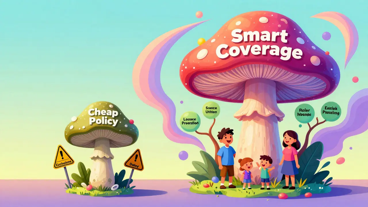 Две страховые программы в виде гигантских грибов: одна простая, другая — с ветвями защиты и накоплений, в стиле Вес Вильсона.