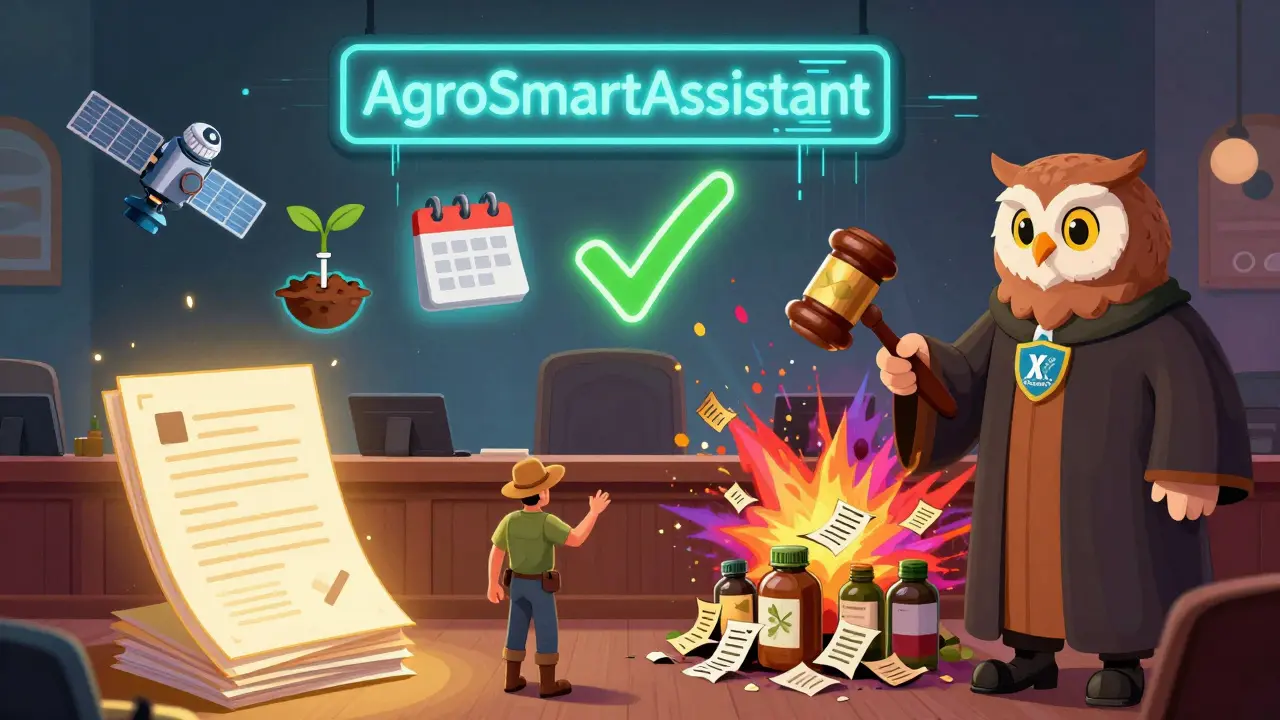 Фермер перед трибуналом из символов: спутник, календарь, семя; с одной стороны — документы, с другой — хаос, судья — сова с значком.