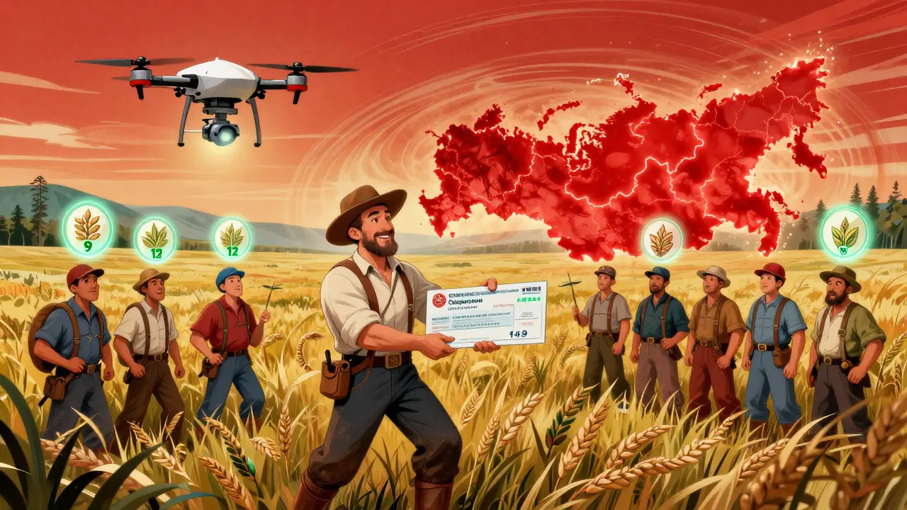 Фермер получает страховую выплату после сбора урожая, на фоне карты России и отечественных сортов зерновых.