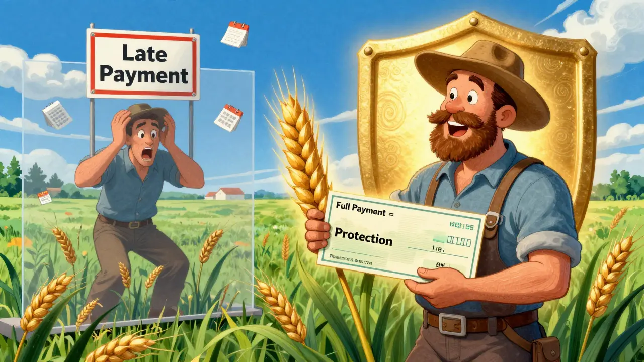 Фермер получает субсидию в виде колоса, за стеклом — другой фермер теряет урожай из-за задержки оплаты.