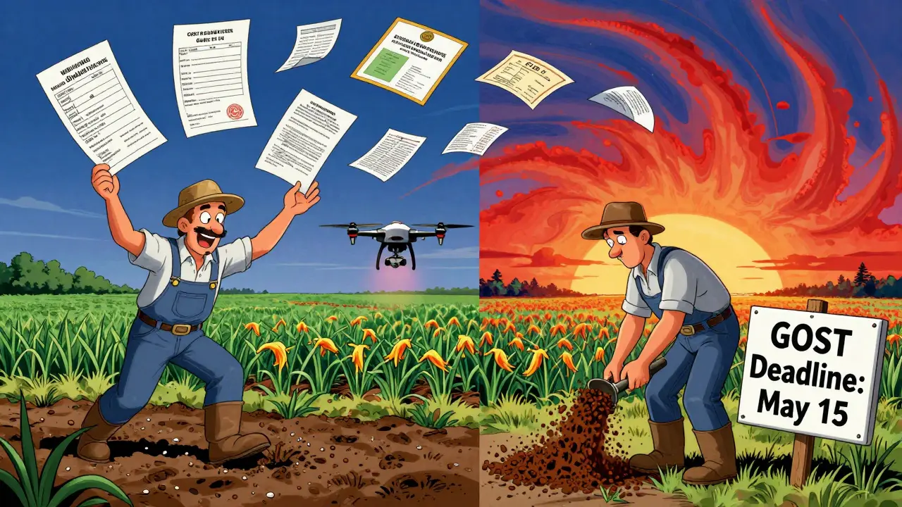 Фермер с одной стороны сеет сертифицированные семена, с другой — нарушает сроки обработки, вокруг летят документы и химикаты.