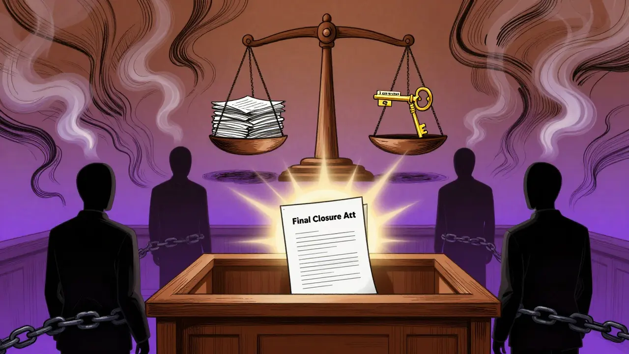 Финальный акт закрытия светится на скамье, остальные документы исчезают, стиль — психоделическая иллюстрация 60-х.