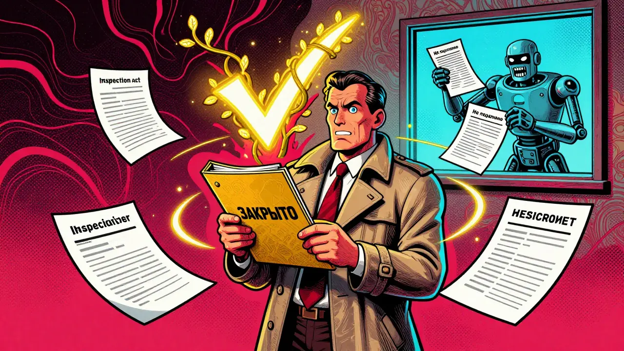 Герой держит папку 'ЗАКРЫТО', вокруг него летают документы, фоны в ярких психоделических цветах.