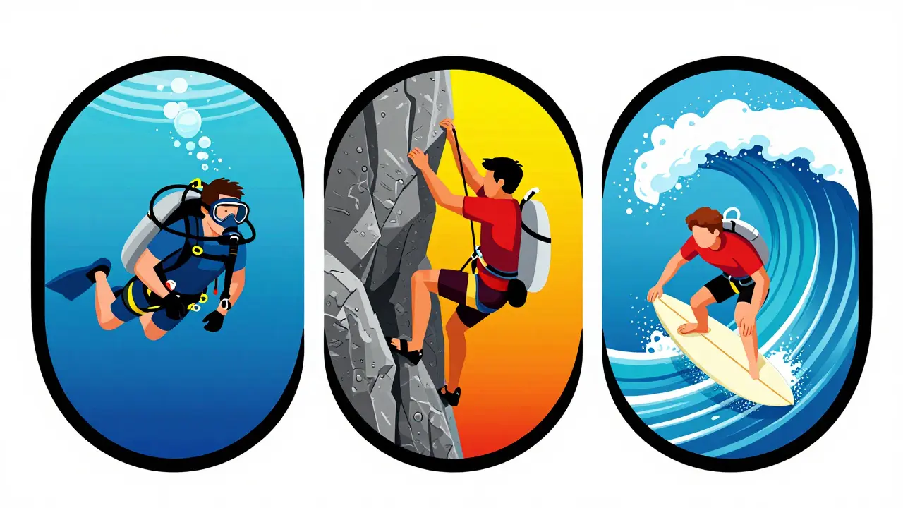 Иллюстрация дайвинга, лазания по скалам и серфинга