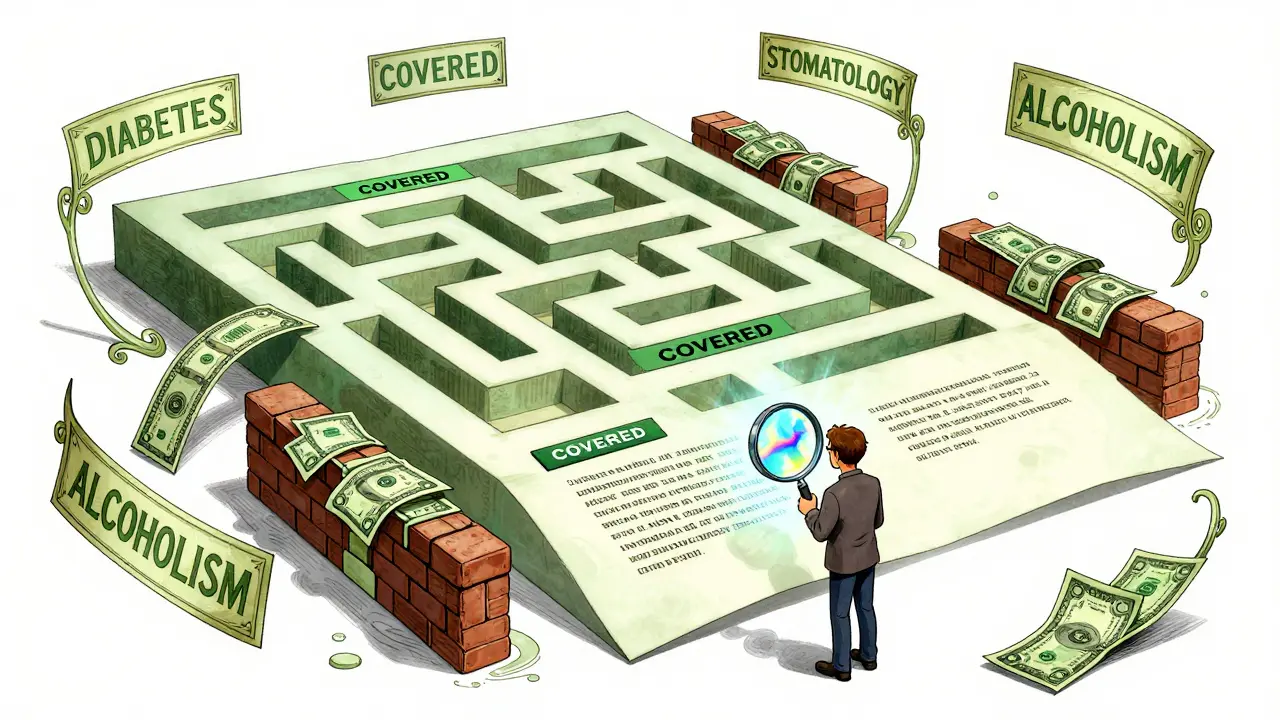 Insurance policy as a labyrinth: covered emergency paths in green, blocked tunnels for chronic diseases made of dollar bills, tiny figure reading fine print.