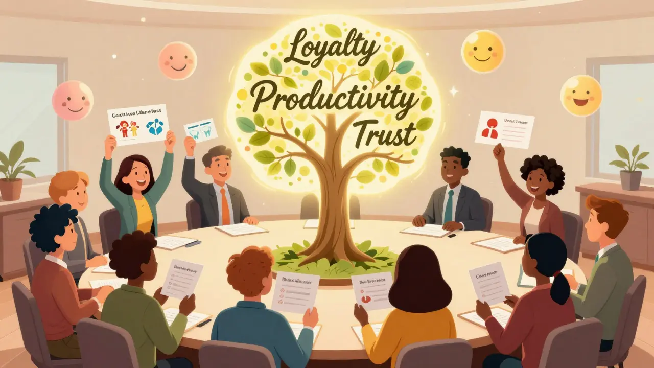 Команда сотрудников с картами ДМС и растущим деревом лояльности в стиле Веса Уилсона